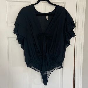 Free People Black Ruffle Sleeve Crotch Snap Blouse